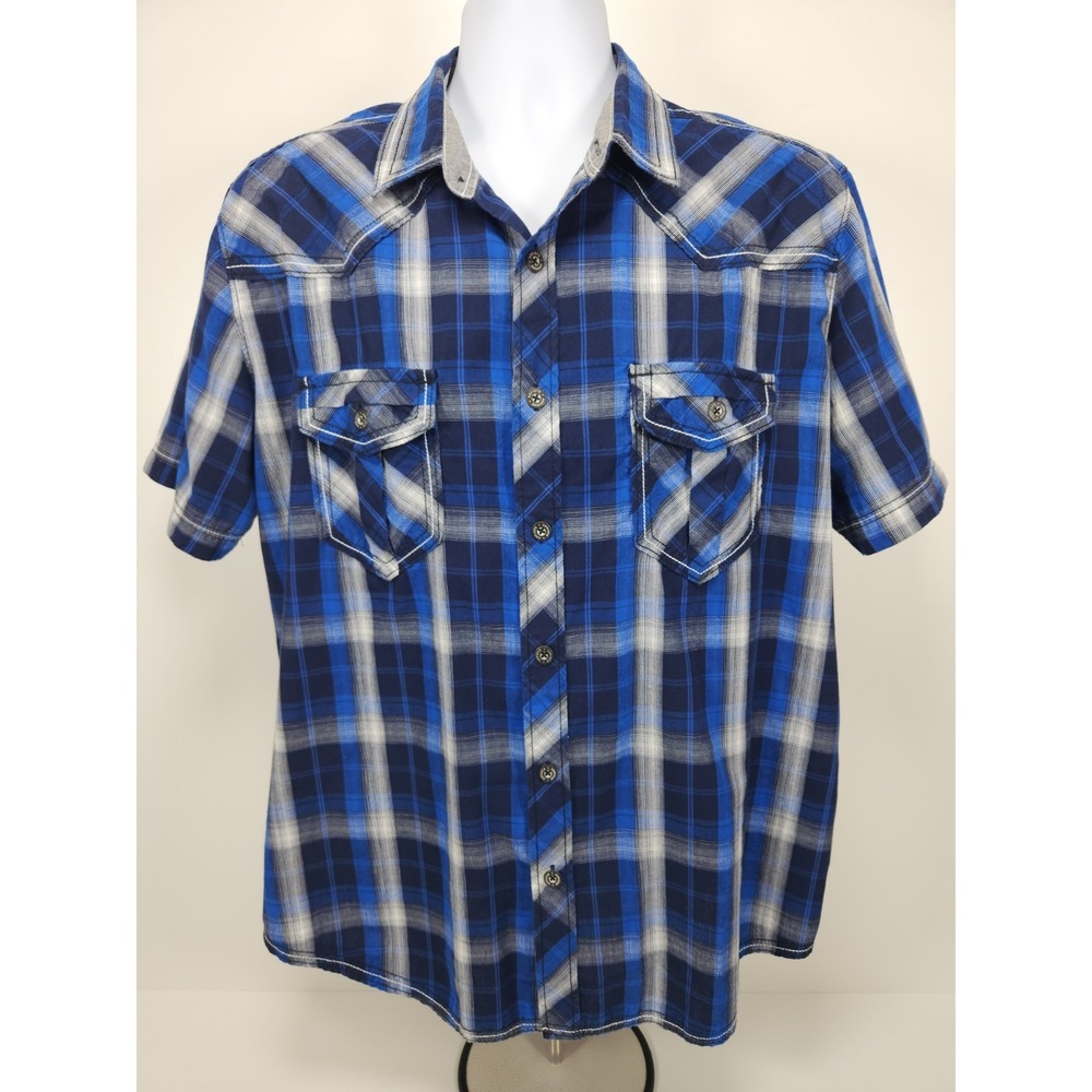 Various Artists Shirt Mens XL Blue‎ White Plaid Button Up Western Pockets